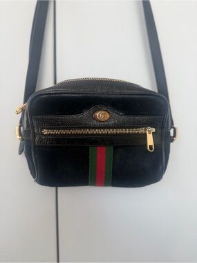 Gucci Black Suede Leather Crossbody with Green-Red Web Stripe